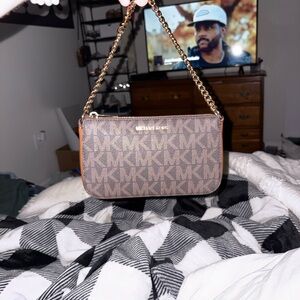 Michael Kors Brown Logo Clutch with Gold Chain